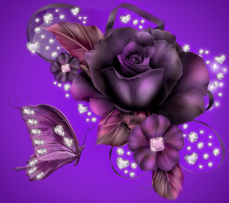 Purple Rose, jem, glow, rose, desenho, diamonds, flora, sparkle, butterfly, purple, HD wallpaper