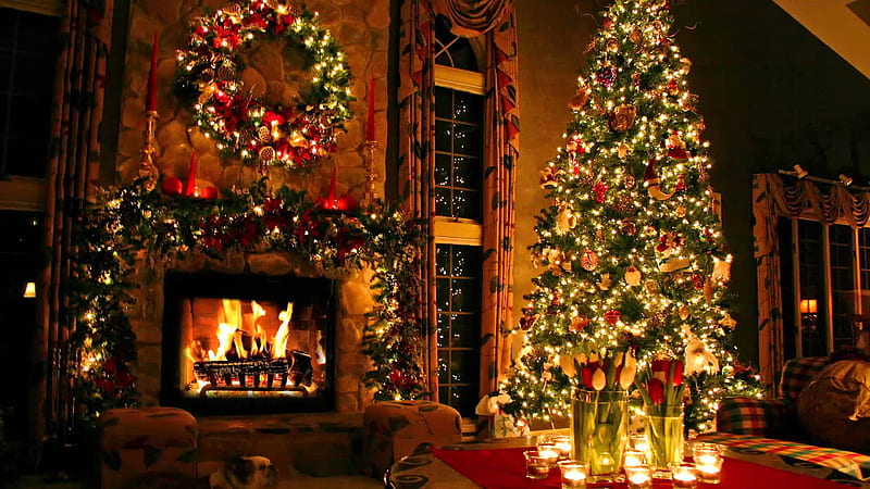 Christmas Tree By The Fireplace, Christmas Dual Monitor, HD wallpaper
