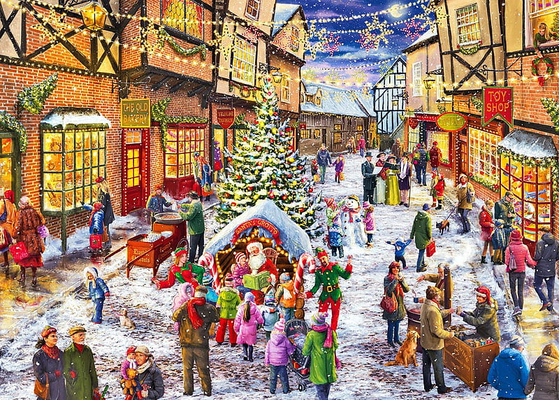 The Christmas Grotto, snow, people, painting, village, artwork, winter, HD wallpaper