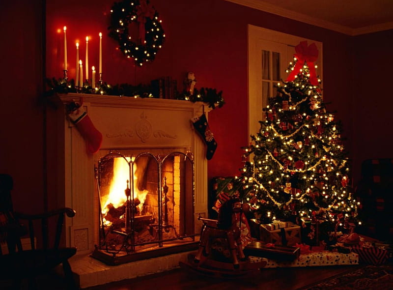 Christmas Time, fire, christmas tree, interior, chimney, candles, HD wallpaper