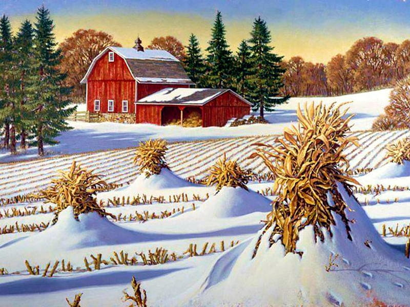 Late Autumn Snow, painting, straw, artwork, firs, barn, landscape, HD wallpaper