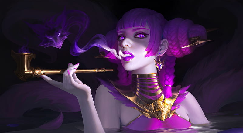 Fantasy girl, black, face, wei fan, pipe, weifan, art, frumusete, luminos, fantasy, purple, girl, hand, HD wallpaper