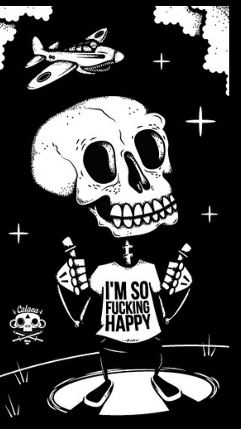 Happy Dead, airplane, black and white, cute, fun, funny, happy, quote, quotes, skeleton, sky, HD phone wallpaper
