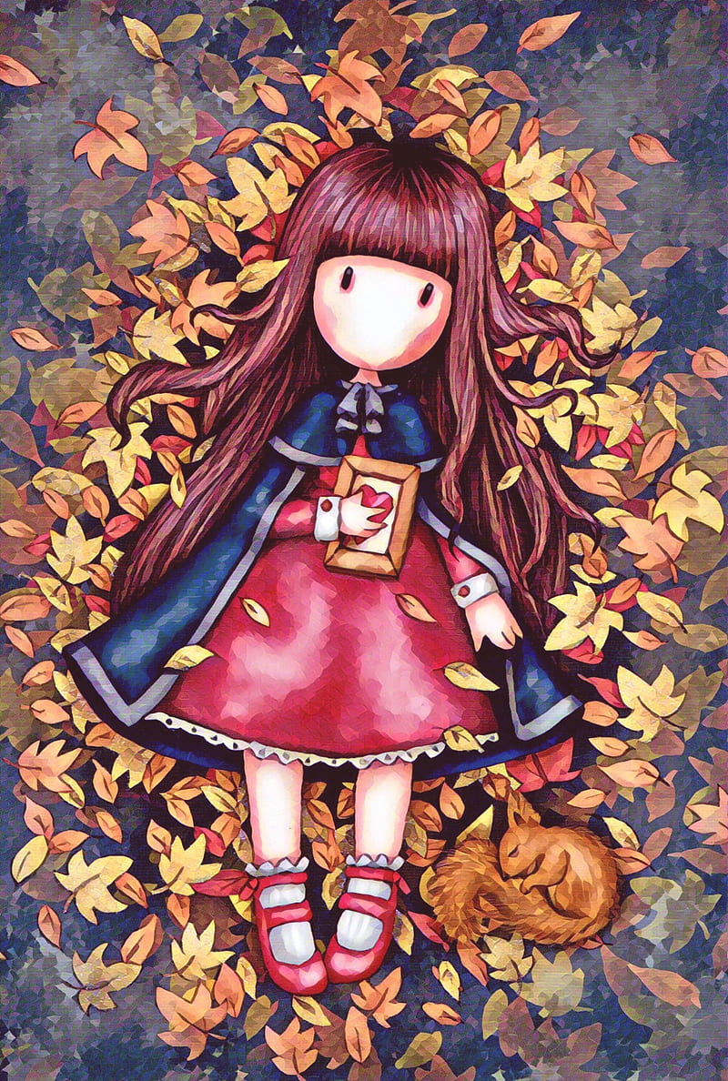 Autumn Leaves, fall, girl, gorjuss, lying, red, santoro, squirrel, HD phone wallpaper