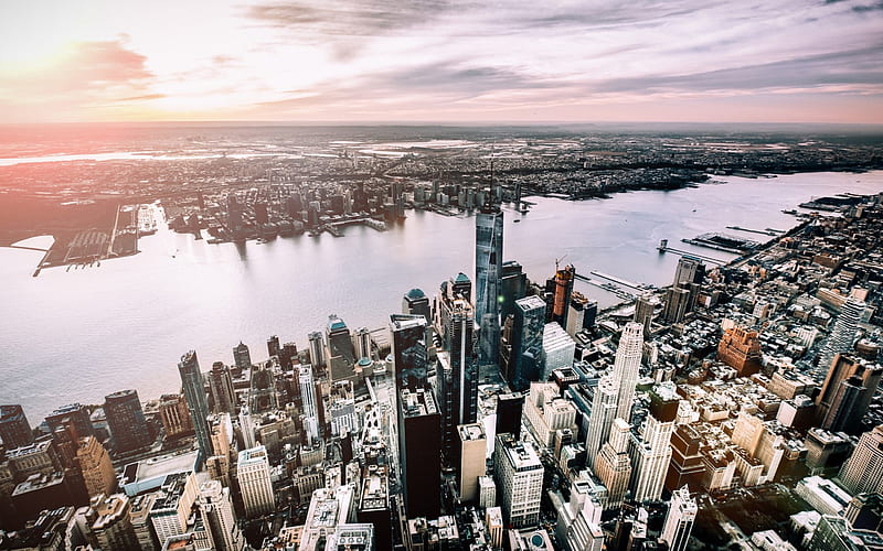 New York, World Trade Center 1, sunset, skyscrapers, business centers, Manhattan, USA, HD wallpaper