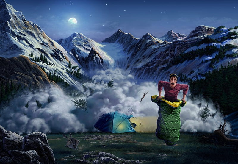 Avalanche, tent, man, creative, situation, mountain, fantasy, sleeping bag, funny, HD wallpaper