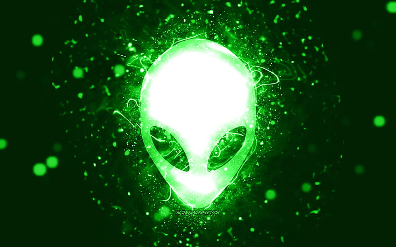 Alienware green logo, , green neon lights, creative, green abstract background, Alienware logo, brands, Alienware, HD wallpaper