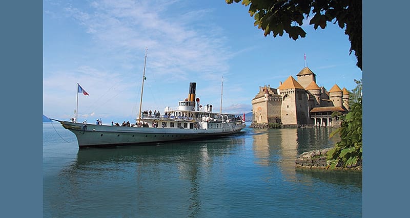 steemer Port call to Chillon Castle, trees, castle, ferry boat, lake, HD wallpaper