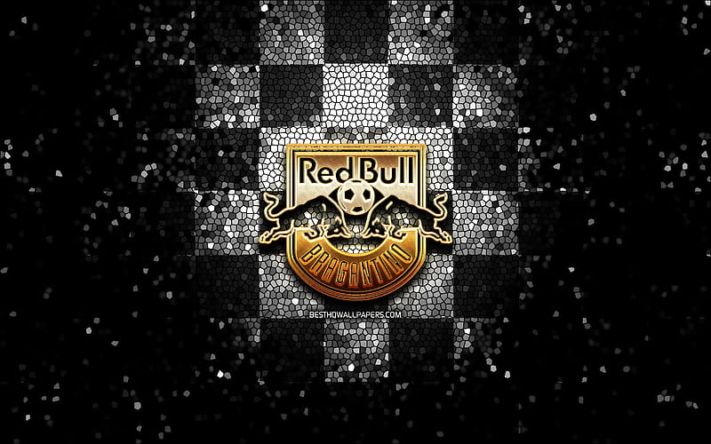 Red Bull Bragantino FC, glitter logo, Serie A, black white checkered background, soccer, Red Bull Bragantino, brazilian football club, Red Bull Bragantino logo, mosaic art, football, Brazil, RB Bragantino, HD wallpaper