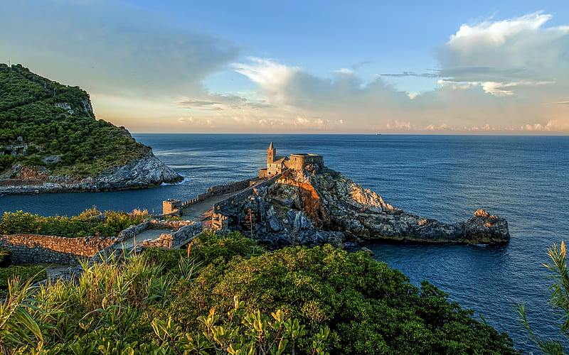 Portovenere castle, coast, sunset, beautiful nature, Italy, Liguria, Europe, HD wallpaper