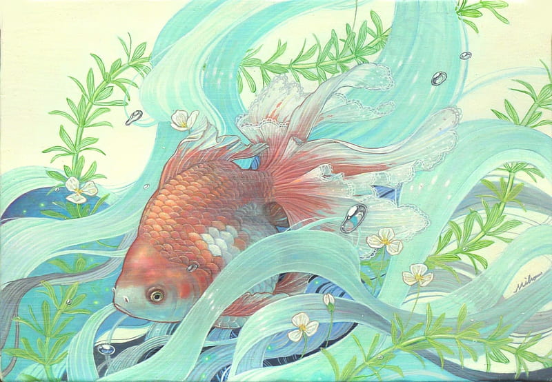 Fish, pictura, pesti, orange, water, chalk, blue, miho hirano, summer, painting, vara, HD wallpaper