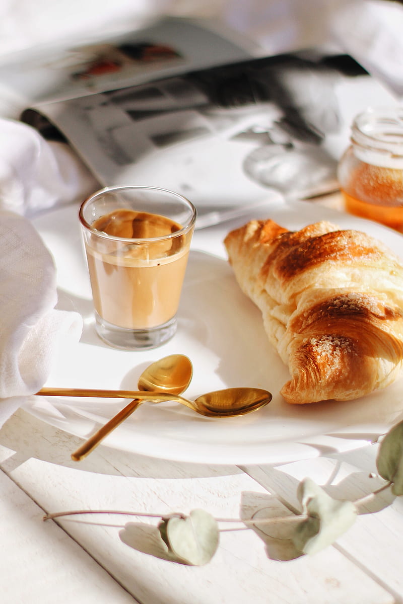 breakfast, glass, coffee, croissant, HD phone wallpaper