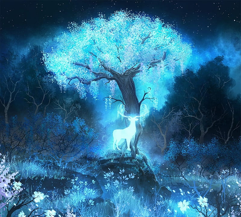 Fantasy, cerb, tree, luminos, melanie korte kirsch, horns, deer, night, HD wallpaper