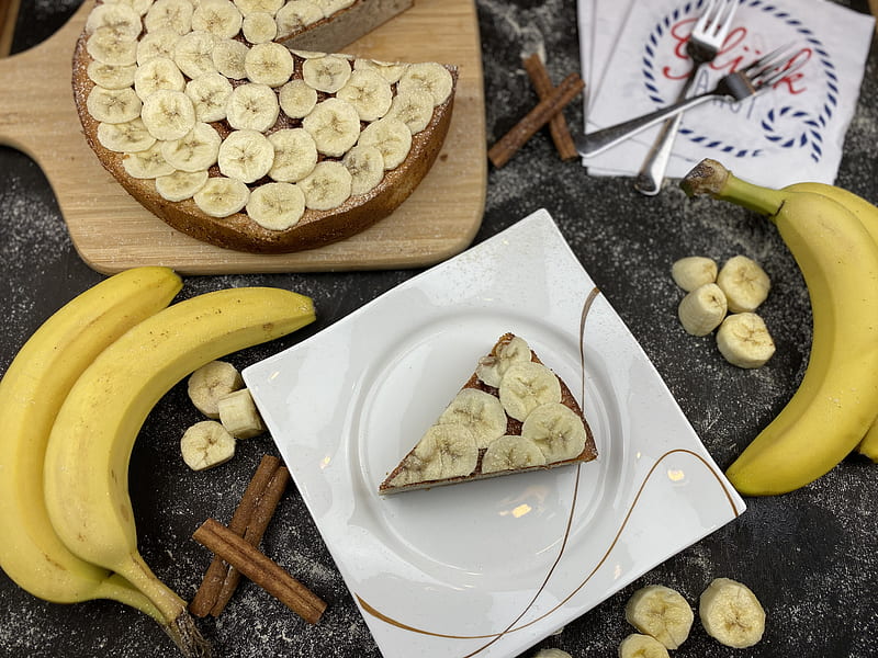 cheesecake, bananas, cake, dessert, plate, HD wallpaper