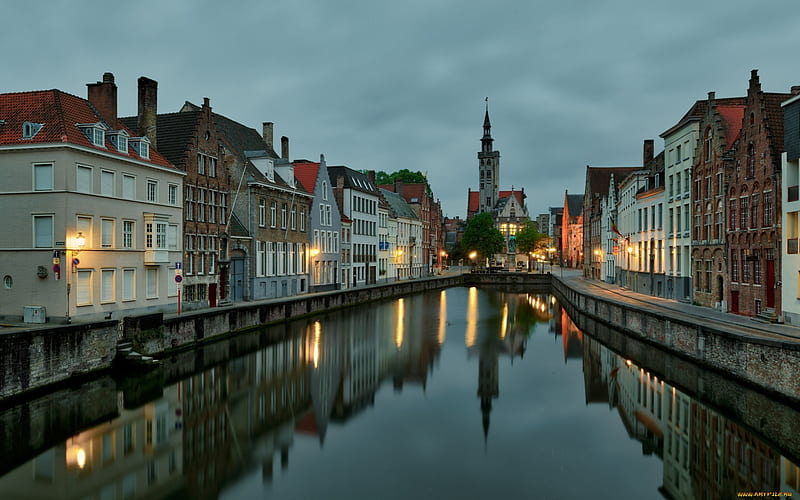 Bruges, Belgium, houses, Belgium, canal, dusk, Bruges, reflection, lights, HD wallpaper