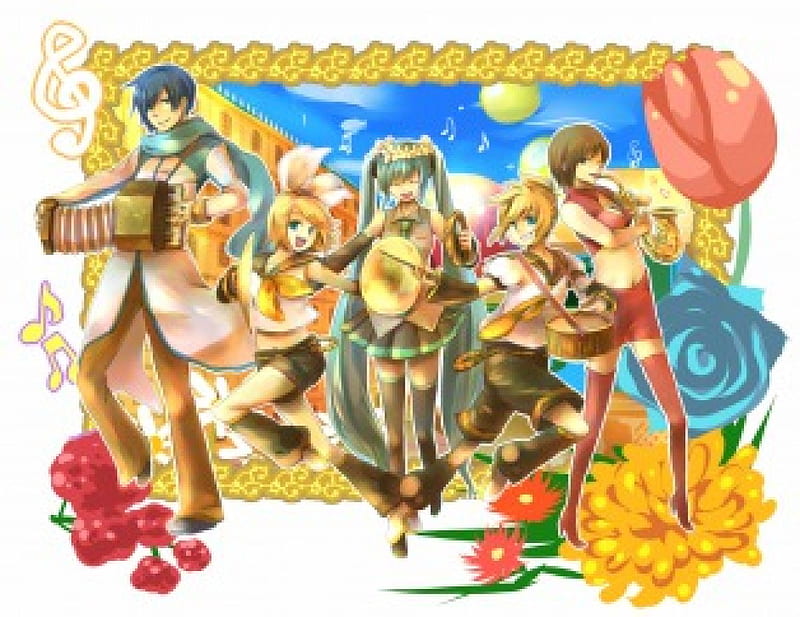 ~Music Parade~, meiko, vocaloid, colorful, hatsune miku, happiness, music, joy, rin and len kagamine, kaito, parade, anime, instruments, flowers, friends, HD wallpaper