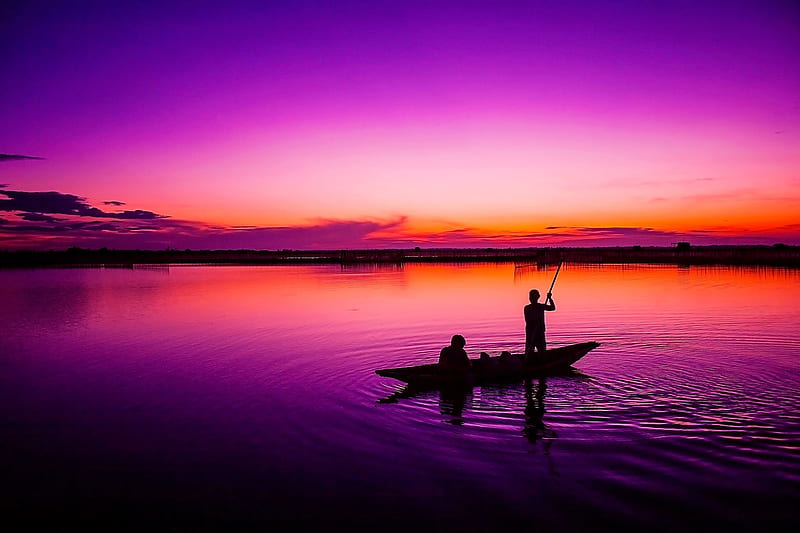 Fishing, black, silhouette, boat, water, purple, summer, sunrise, morning, pink, HD wallpaper