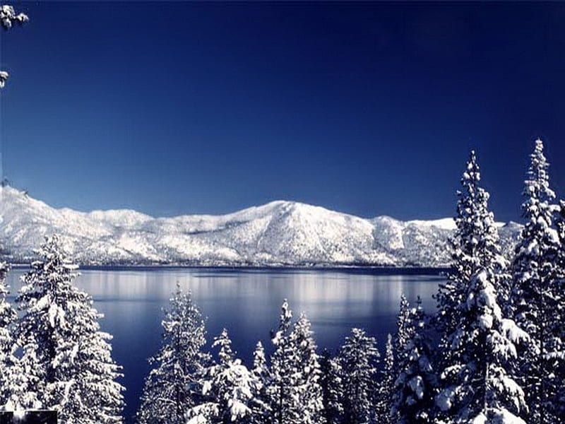 Tahoe snow, Lake Tahoe, snow, mountains, peaks, lake, winter, HD wallpaper