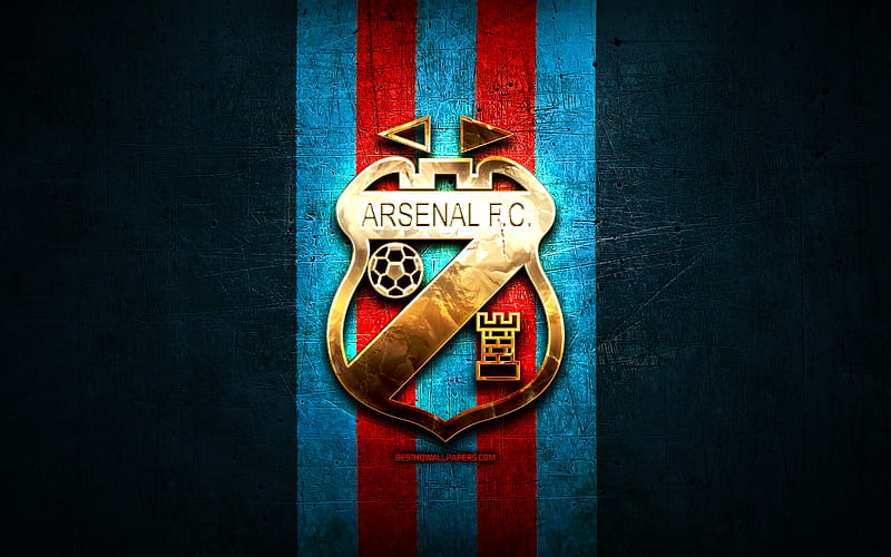 Arsenal Sarandi FC, golden logo, Argentine Primera Division, blue metal background, football, Arsenal Sarandi, argentinian football club, Arsenal Sarandi logo, soccer, Argentina, HD wallpaper