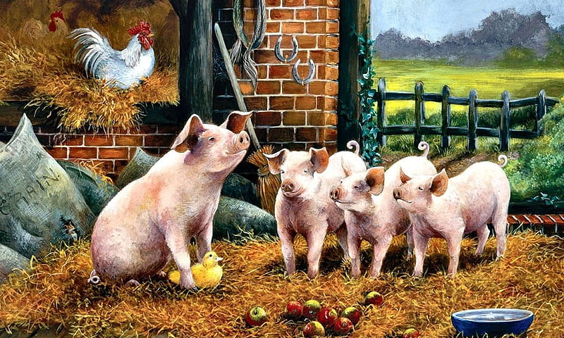 Pigs, farm, painting, pig, animal, chicken, HD wallpaper