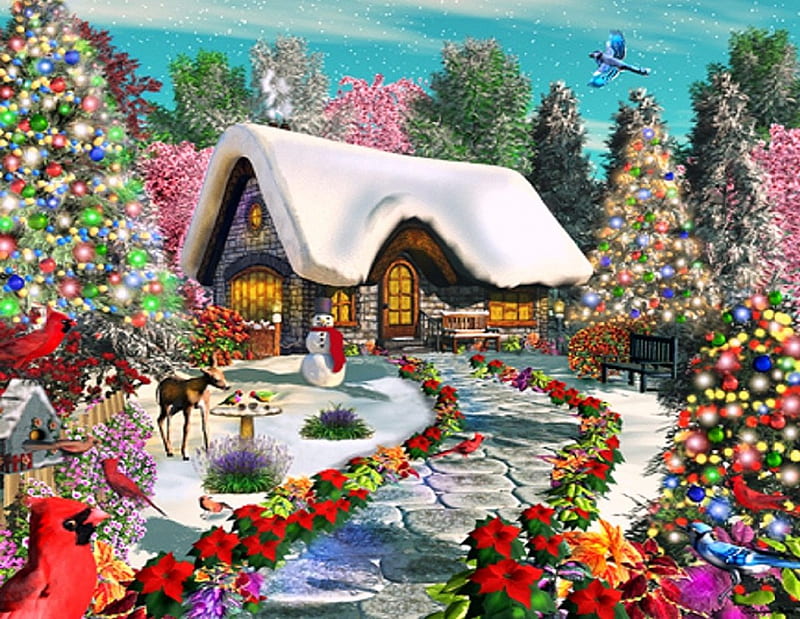 ★Christmas Delight★, pretty, Christmas, holidays, home, bonito, snowy, xmas and new year, deer, cardinals, paintings, flowers, animals, lovely, houses, colors, love four seasons, christmas trees, snowman, winter, snow, garden, HD wallpaper