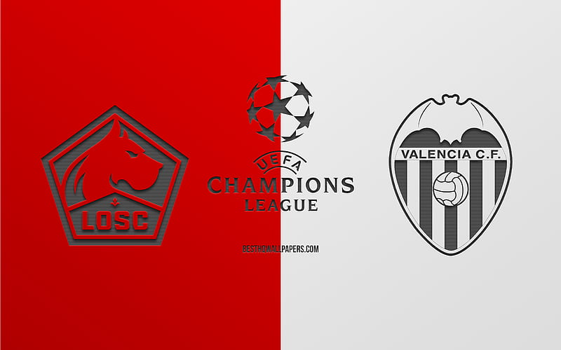 LOSC Lille vs Valencia CF, football match, 2019 Champions League, promo, red white background, creative art, UEFA Champions League, football, HD wallpaper