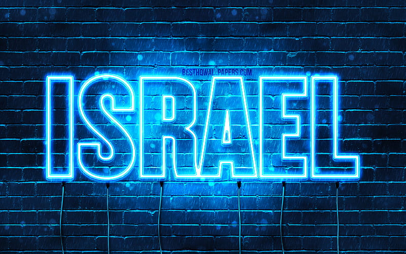 Israel with names, horizontal text, Israel name, blue neon lights, with Israel name, HD wallpaper