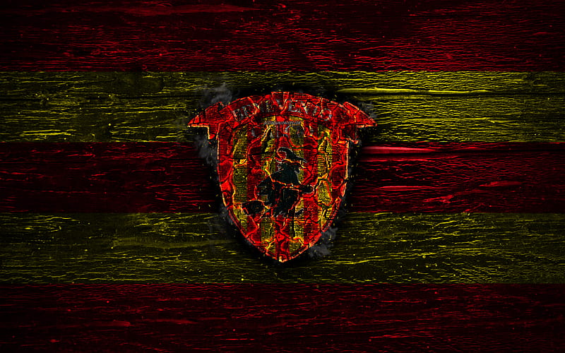 Benevento FC, fire logo, Serie B, red and yellow lines, grunge, Italian football club, soccer, logo, Benevento Calcio, football, wooden texture, Italy, HD wallpaper
