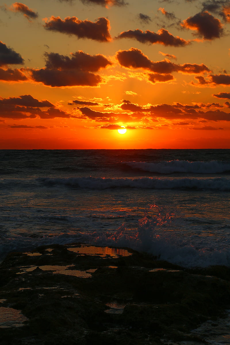 sunset, sea, waves, dusk, evening, HD phone wallpaper