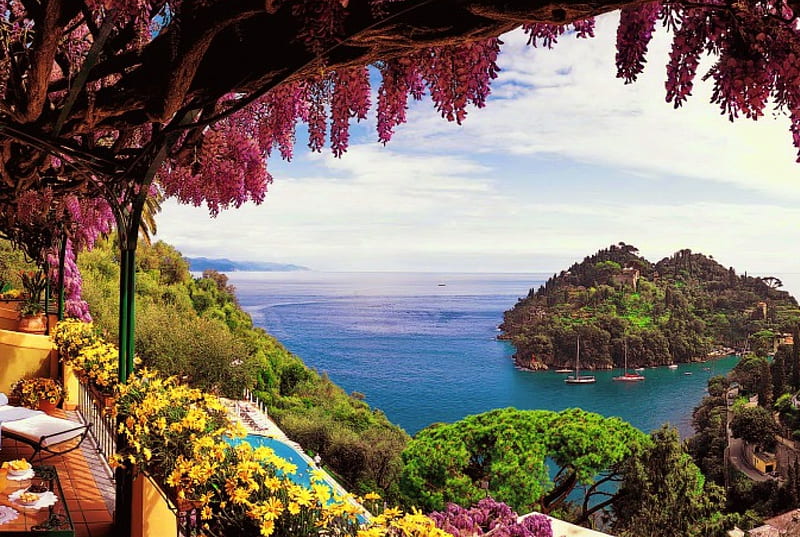View from Portofino, rocks, resort, Italy, travel, bonito, Portofino, sea, beach, flowers, luxury, hotel, rest, vacation, view, sky, lake, paradise, summer, coast, HD wallpaper