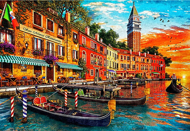 San Marco Sunset, artwork, boat, digital, venice, canal, italy, sky, sunset, HD wallpaper