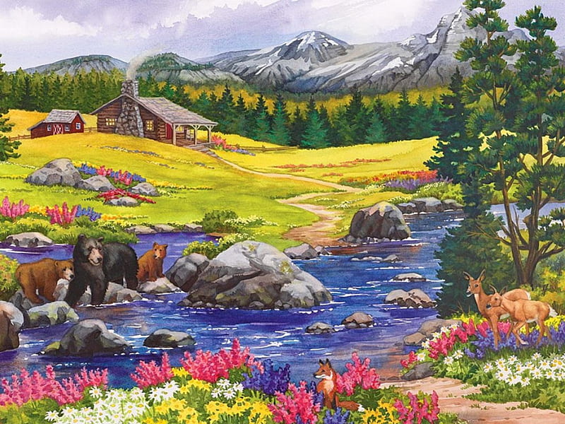 Crossing the stream, stream, pretty, shore, house, grass, clouds, mountain, nice, stones, calm, bank, village, flowers, hills, lovely, sky, water, serenity, paradise, roe, cross, field, cottage, bear, bonito, carpet, deer, river, animals, spring, creek, freshness, ills, flowes, nature, meadow, HD wallpaper