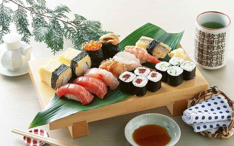 Sushi, soup, food, sea, HD wallpaper