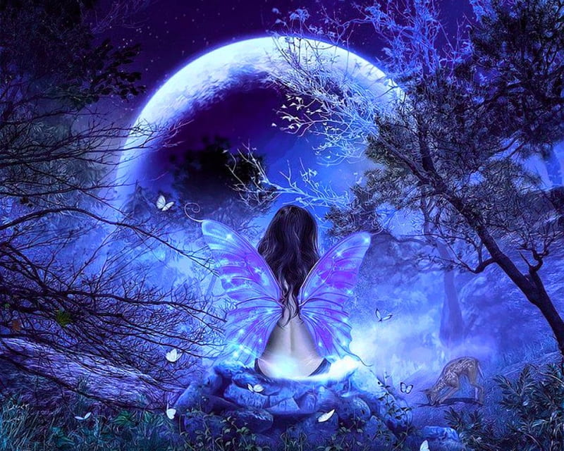 Blue Fairy, art, fantasy, moon, woman, fairy, HD wallpaper