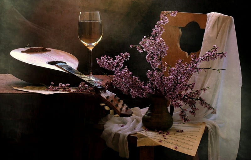 Melodious, table, white fabric, wine glass, vase, shet music, still life, flowers, chair, musical instrument, HD wallpaper