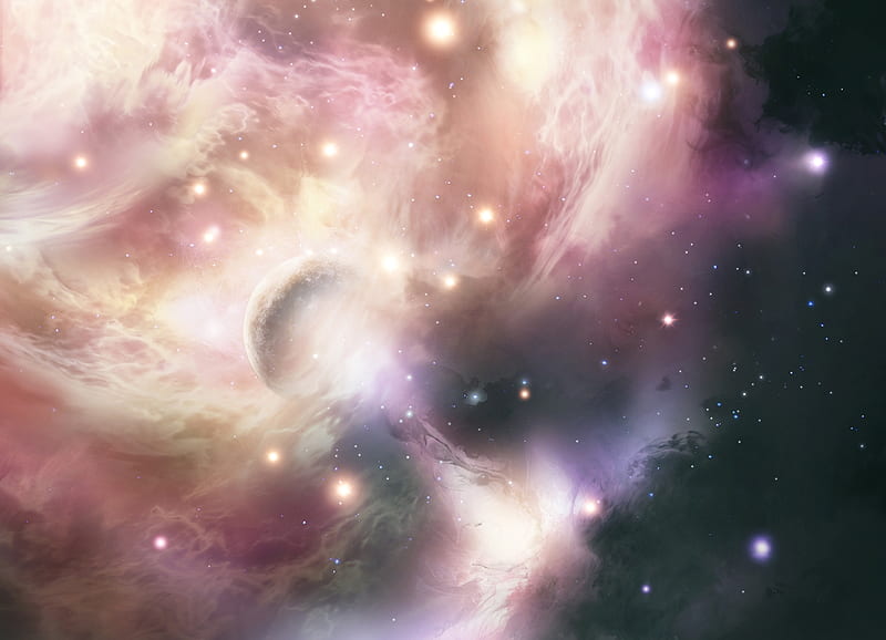 Cosmos, stars, luminos, manga, sky, spave, planet, anime, iy tujiki, pink, HD wallpaper