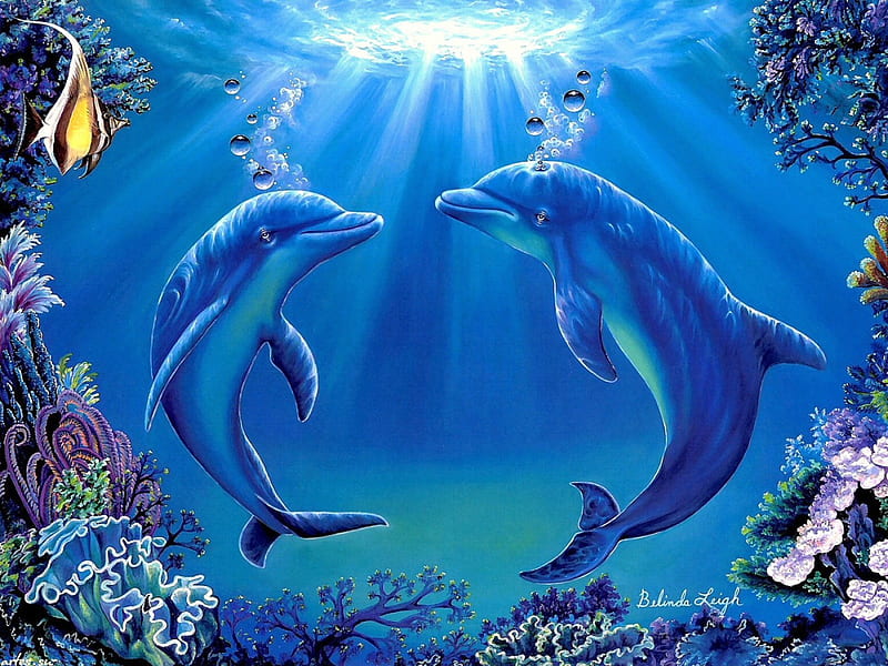★Dolphins Dance★, family, oceans, stunning, attractions in dreams, bonito, dolphins, sealife, dances, sunbeam, animals, blue, underwater, fishes, lovely, colors, love four seasons, creative pre-made, nature, HD wallpaper