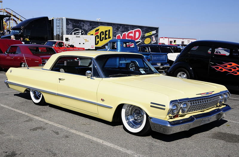 1963-Impala-SS, Classic, Yellow, Whitewalls, Bowtie, HD wallpaper