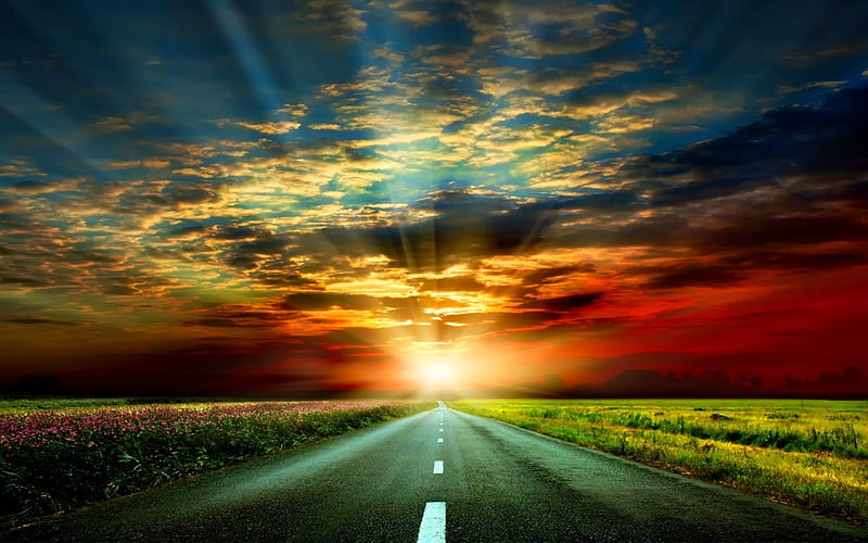 Sunset Road, road, clouds, sky, fiels, summer, HD wallpaper | Peakpx
