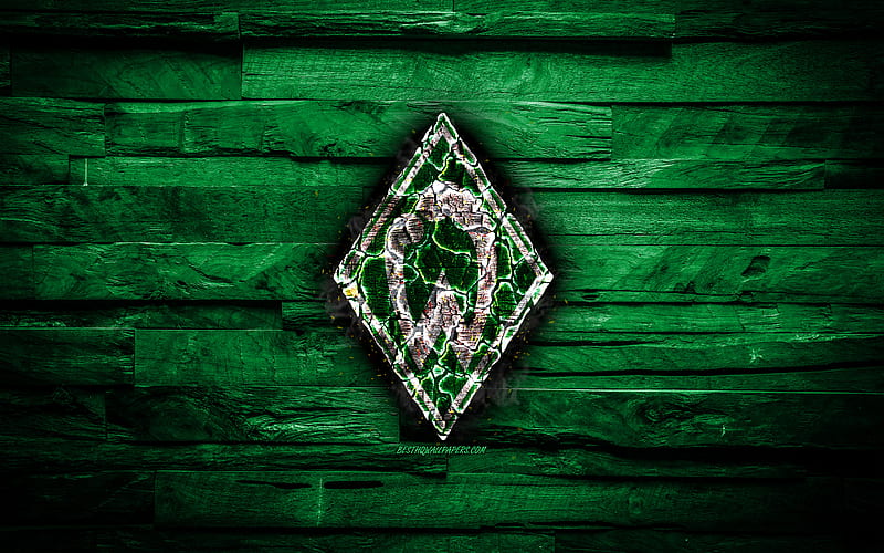 Werder Bremen FC, fiery logo, Bundesliga, green wooden background, german football club, grunge, SV Werder Bremen, football, soccer, Werder Bremen logo, fire texture, Germany, HD wallpaper