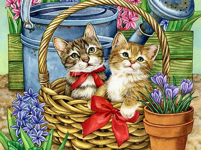 cats-flowers-basket-pet-artwork-art-kittens-feline-painting-cat-animal glass-table, Kanne, Freunde, Cats, Blume, Deutschland, Korb, HD wallpaper