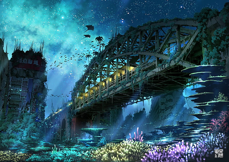 Underwater train, underwater, tokyogenso, manga, ttrain, vara, anime, summer, ruin, blue, HD wallpaper