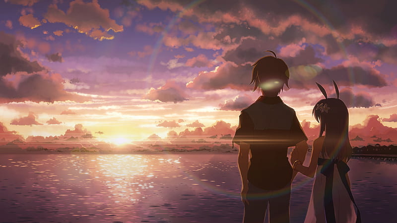 Anime sunset, beach, beach sunset, boy, couple, girl, purple, HD wallpaper