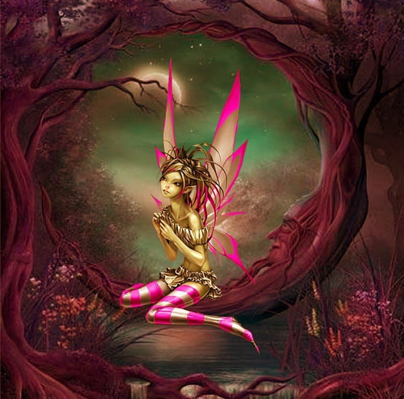 Petite Pink Elf, forest, elf, pink, fairy, petite, HD wallpaper