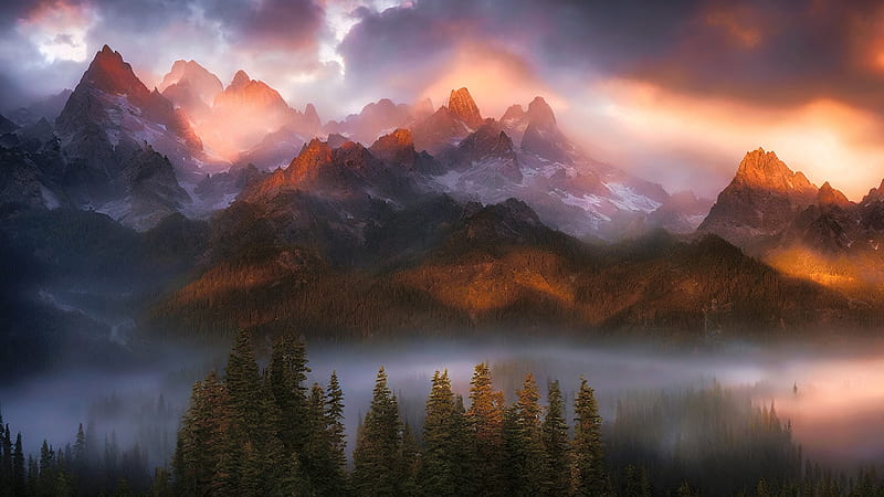 Foggy Mountain Sunrise, mountains, light, fog, peaks, sky, dramatic, HD wallpaper