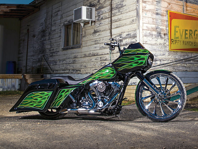 Custom 2009 Harley-Davidson Road Glide, Black, Green, Chrome, HD wallpaper