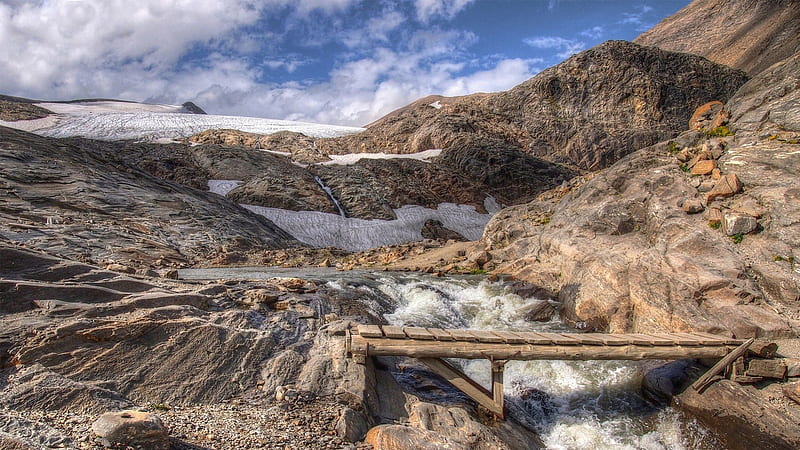 wooden bridge over glacier run off r, mountain, stream, rocks, glacier, bridge, r, HD wallpaper