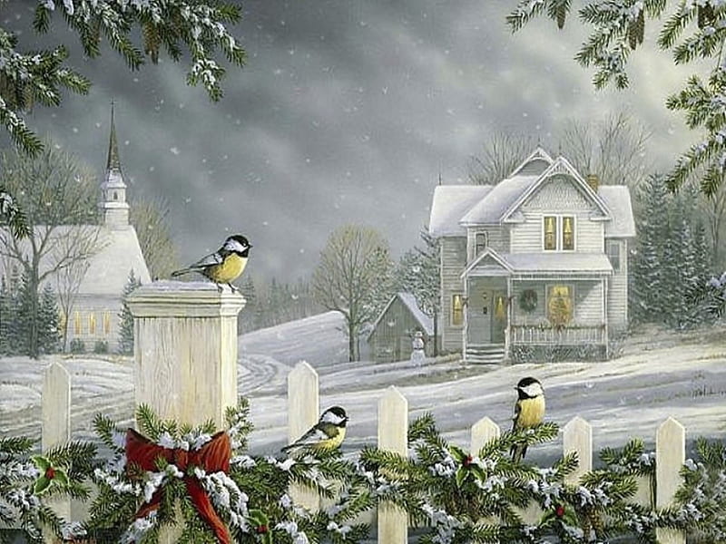 Midwest winter, house, lovely, christmas, birds, bonito, church, winter, color, landscape, HD wallpaper
