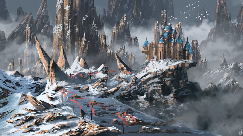 castle, building, rocks, snow, snowy, art, HD wallpaper