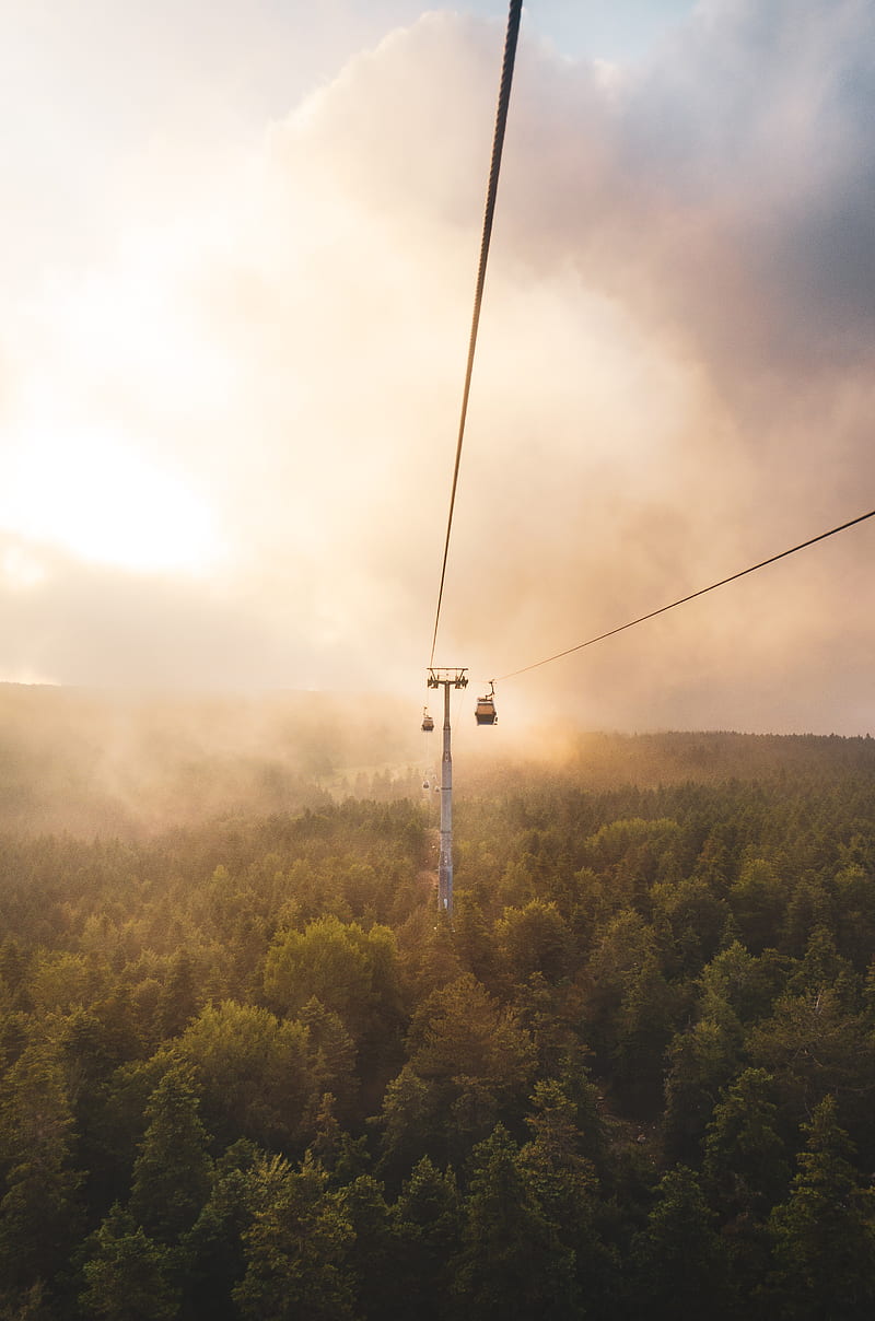 aerial lift, cable car, fog, trees, clouds, HD phone wallpaper